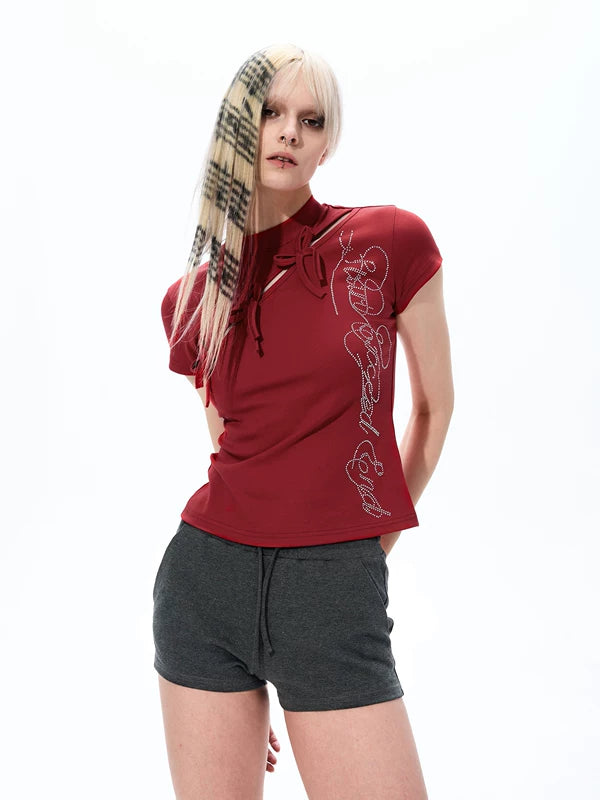 Rhinestone Letter Bow Detail Slim T-Shirt 4