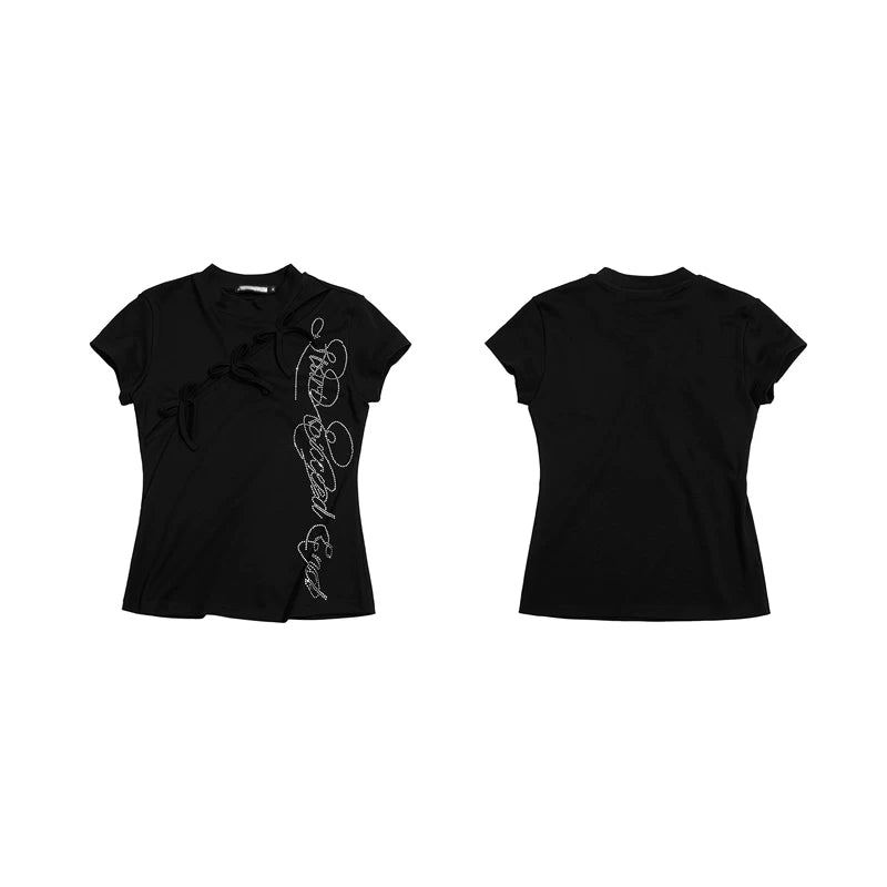 6244488507652,6244488507653,6244488507654,6244488507655, Rhinestone Letter Bow Detail Slim T-Shirt