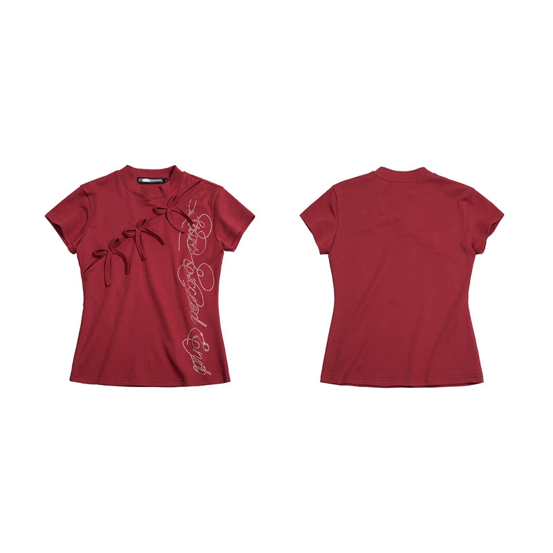 6244488507656,6244488507657,6244488507658,6244488507659, Rhinestone Letter Bow Detail Slim T-Shirt