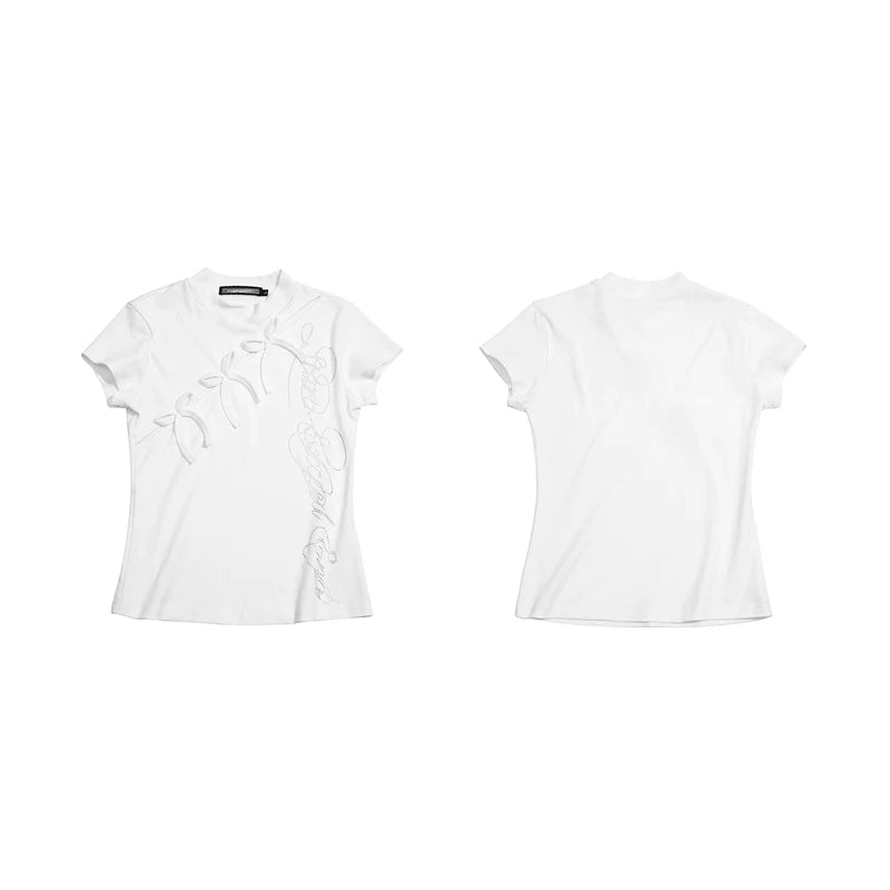 6251960218967,6251960218968,6251960218969,6251960218970, Rhinestone Letter Bow Detail Slim T-Shirt