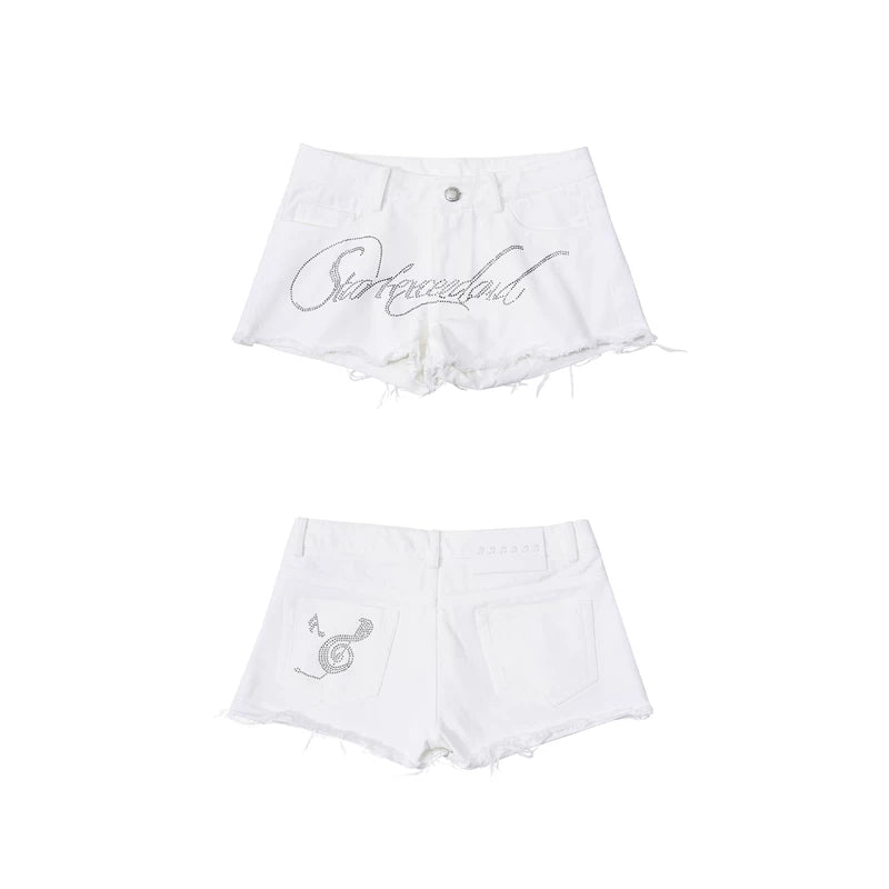 6079974957452,6079974957453,6079974957454,6079974957455, Rhinestone Low-Waisted Denim Shorts