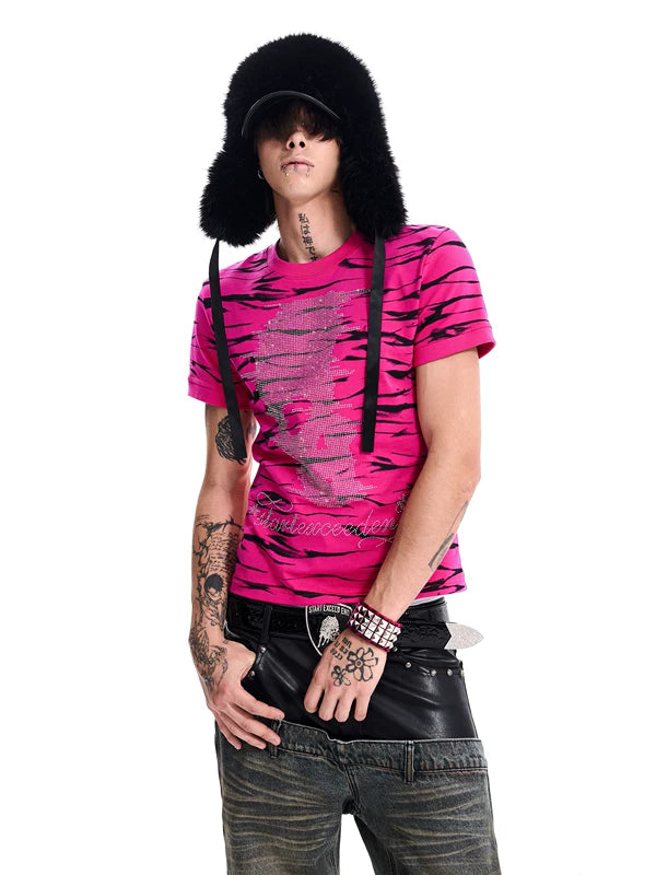 Rhinestone Skull Animal Print Cotton T-Shirt 1