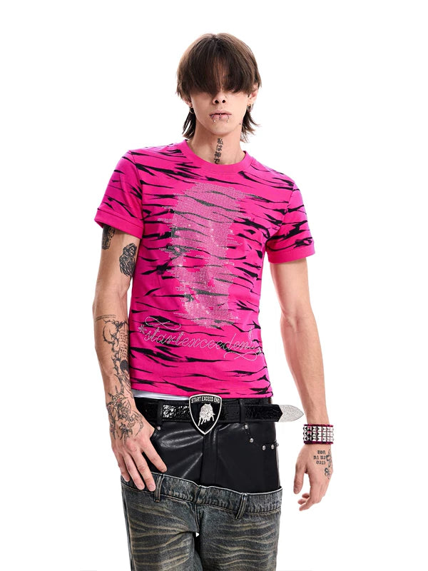 Rhinestone Skull Animal Print Cotton T-Shirt 2