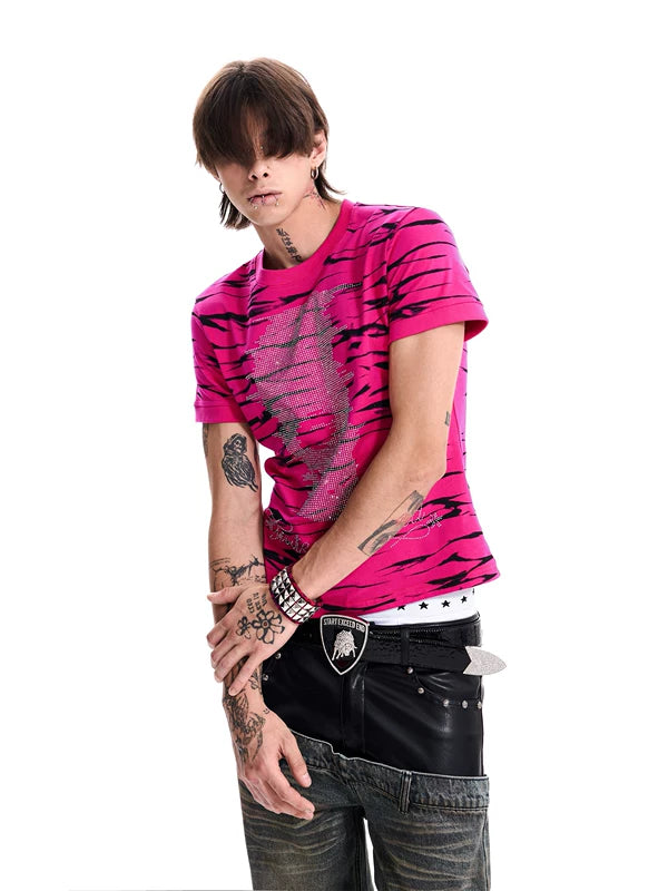 Rhinestone Skull Animal Print Cotton T-Shirt 3