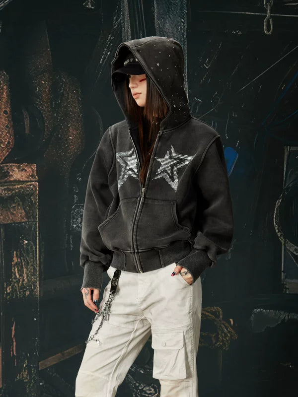 Rhinestone Star Zip-Up Hooded Sweatshirt 1