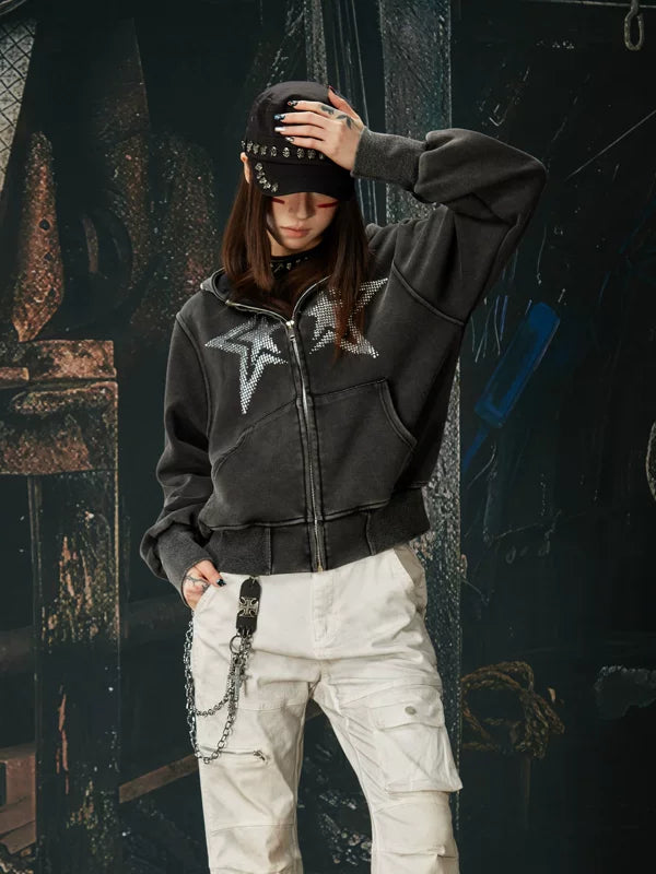 Rhinestone Star Zip-Up Hooded Sweatshirt 4