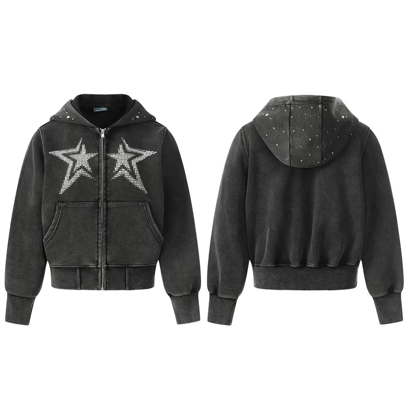 6019192180374,6019192180375,6019192180376, Rhinestone Star Zip-Up Hooded Sweatshirt