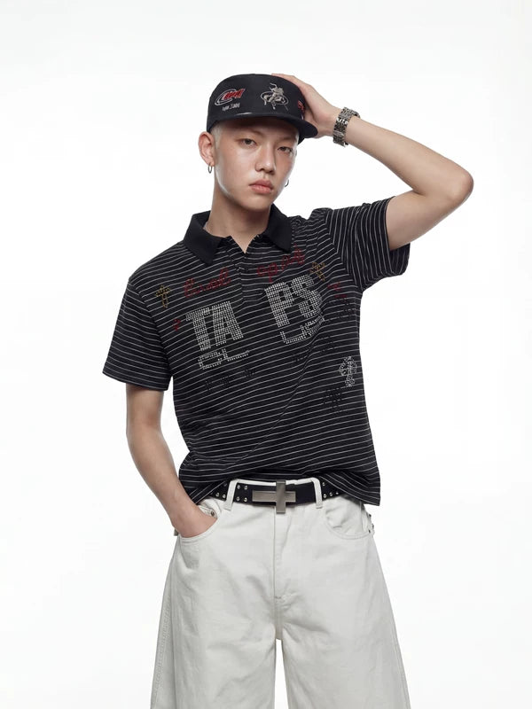 Rhinestone Striped Polo Shirt 1