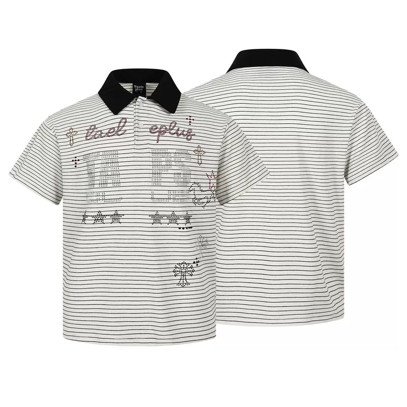 6241768614842,6241768614843,6241768614844,6241768614845, Rhinestone Striped Polo Shirt
