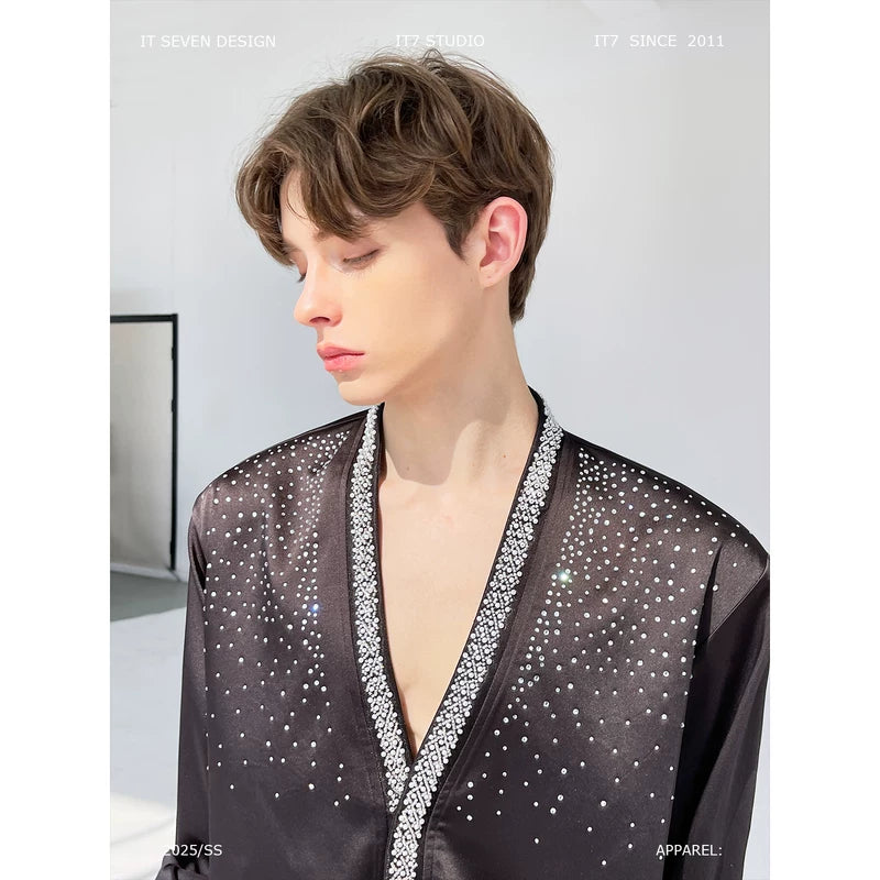 Rhinestone Studded Satin Long Sleeve Shirt 1