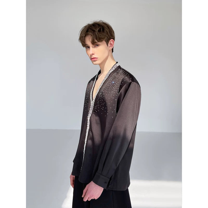 Rhinestone Studded Satin Long Sleeve Shirt 5