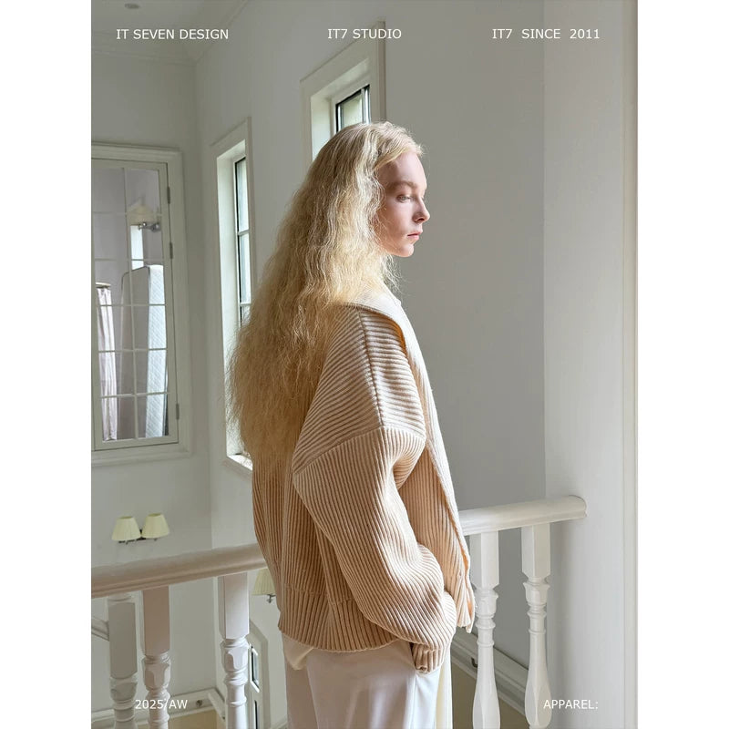 Ribbed Collared Knit Cardigan Sweater 1