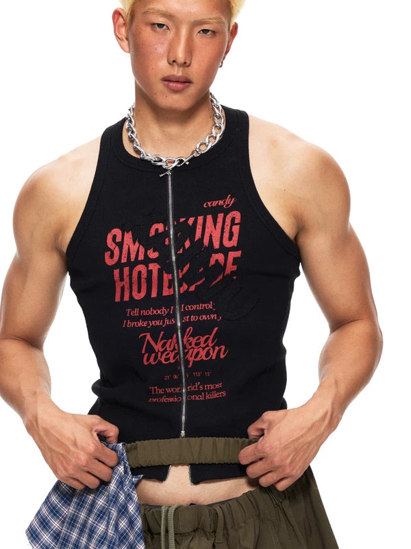 Ribbed Graphic Zip-Front Tank Top 1