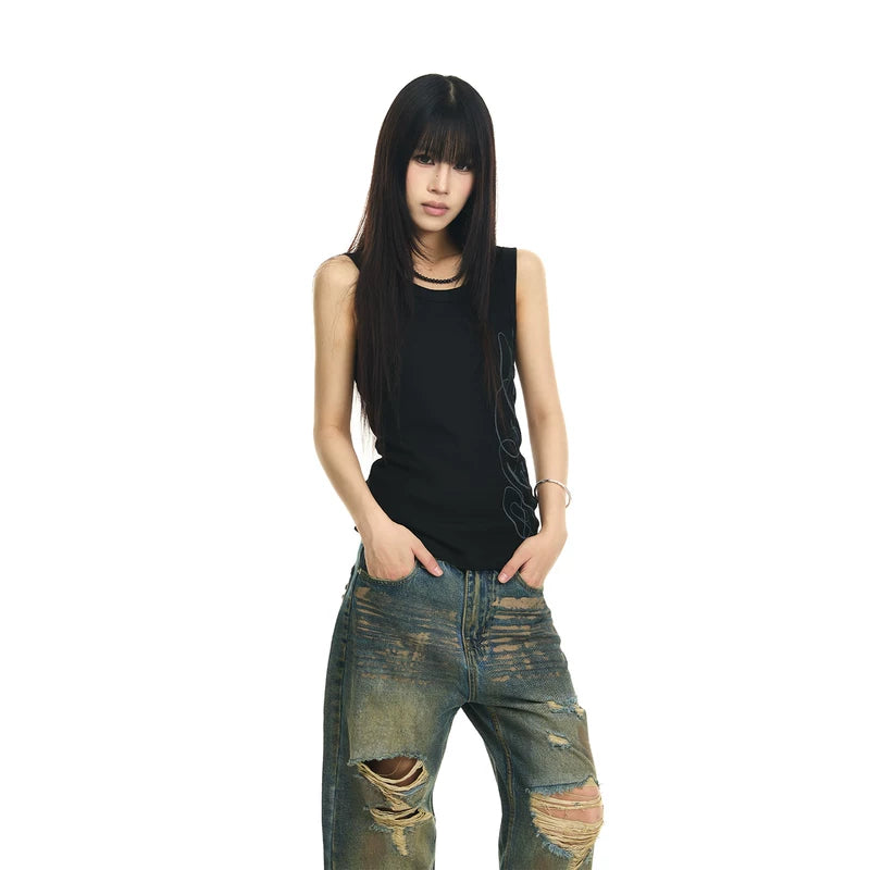 6098851261705,6098851261706,6098851261707,6098851261708, Ribbed Slim Fit Graphic Tank Top