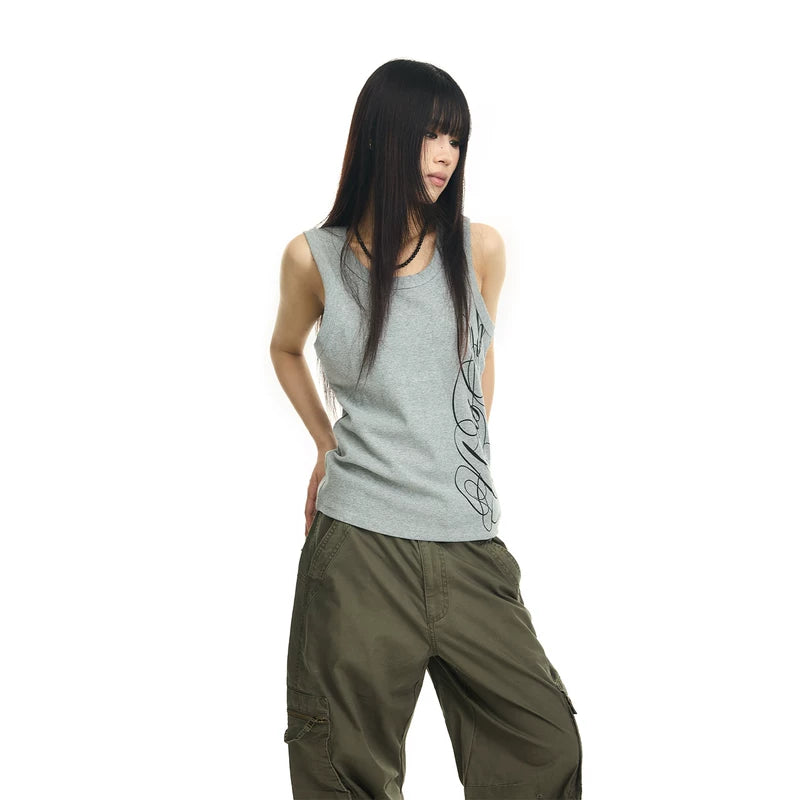6098851261709,6098851261710,6098851261711,6098851261712, Ribbed Slim Fit Graphic Tank Top
