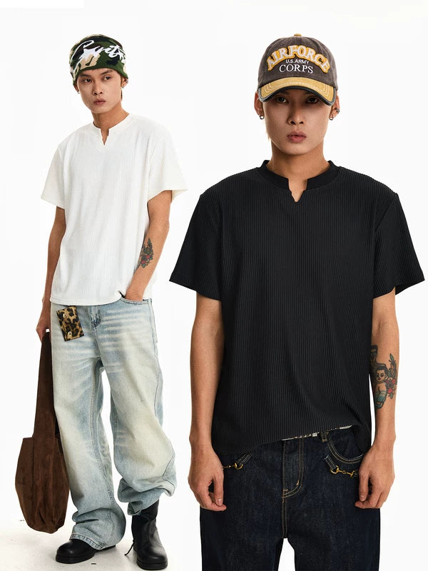 Ribbed V-Neck Short-Sleeve T-Shirt 1