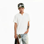 6206500911209,6206500911210,6206500911211,6206500911212, Ribbed V-Neck Short-Sleeve T-Shirt