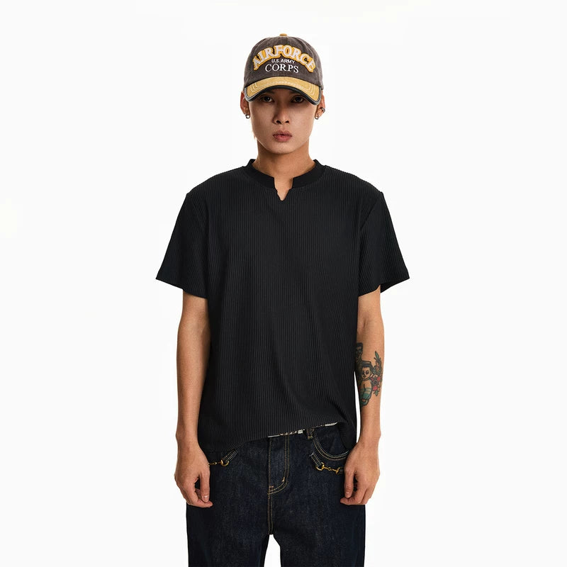 6206500911213,6206500911214,6206500911215,6206500911216, Ribbed V-Neck Short-Sleeve T-Shirt