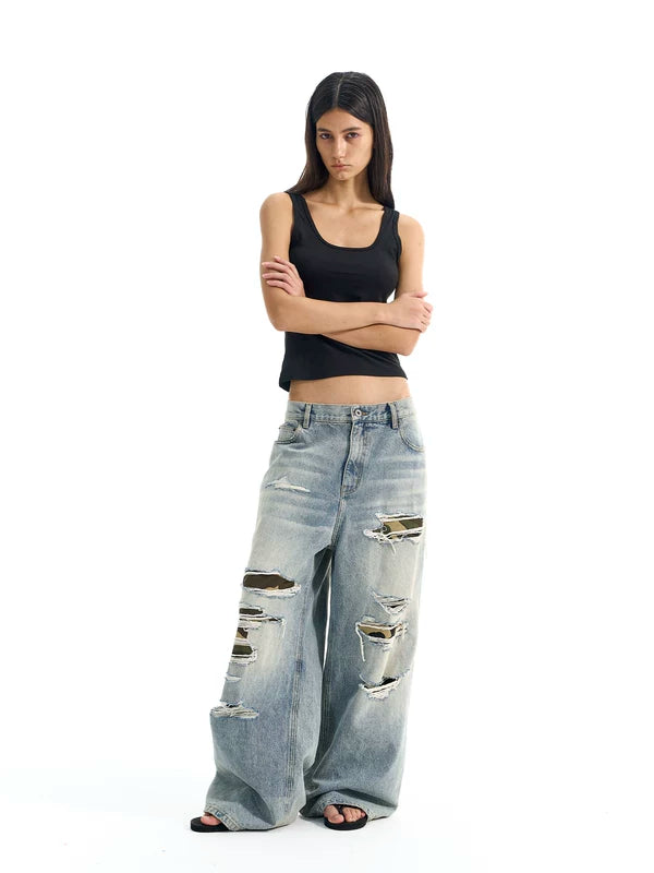 Ripped Camouflage Patchwork Wide Leg Jeans Pants 2