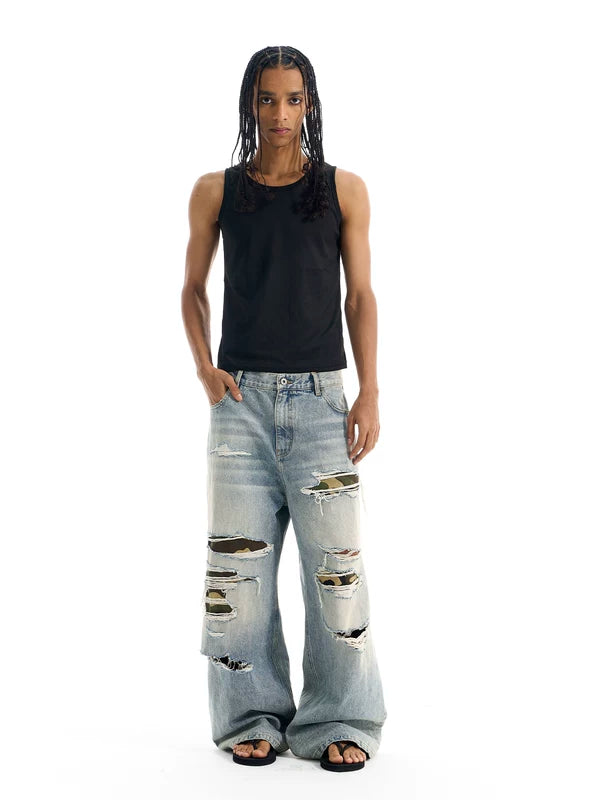 Ripped Camouflage Patchwork Wide Leg Jeans Pants 3