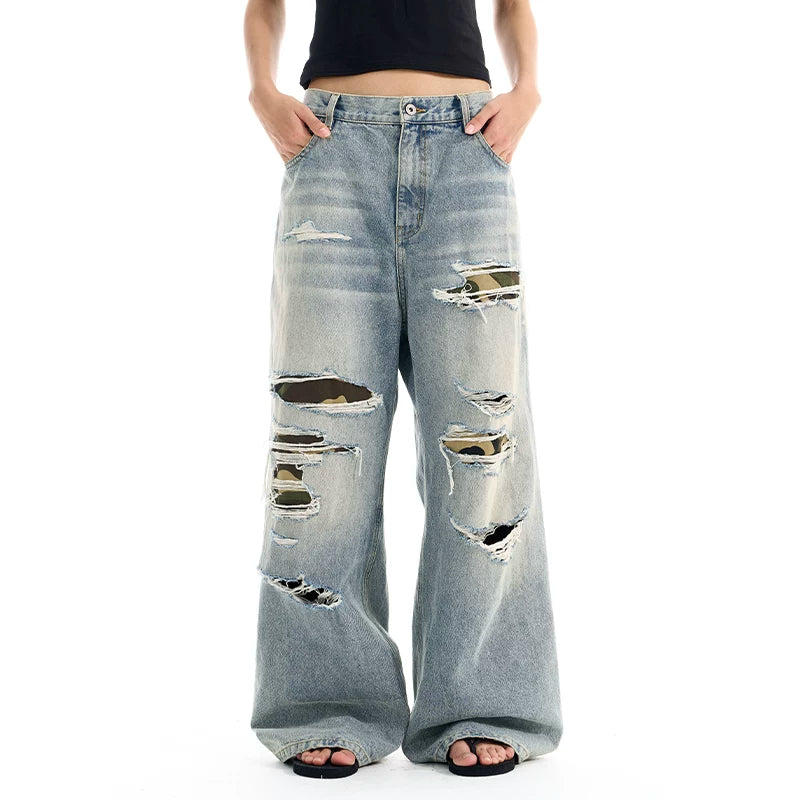 5919516244608,5919516244609,5919516244610,5919516244611, Ripped Camouflage Patchwork Wide Leg Jeans Pants