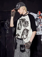 Rock Graffiti Print Patchwork Cotton T-Shirt 1