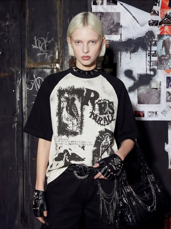 Rock Graffiti Print Patchwork Cotton T-Shirt 2
