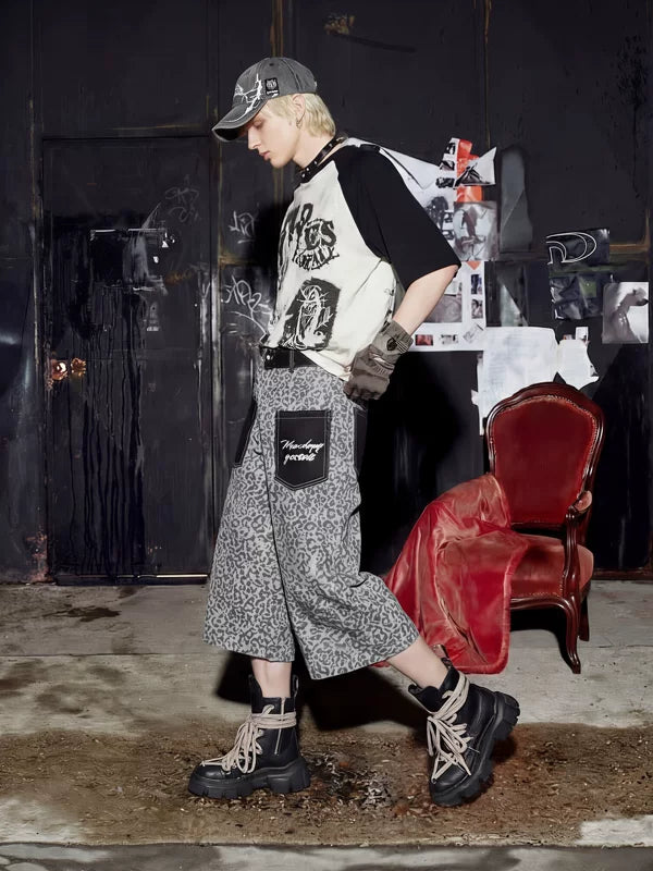 Rock Graffiti Print Patchwork Cotton T-Shirt 5