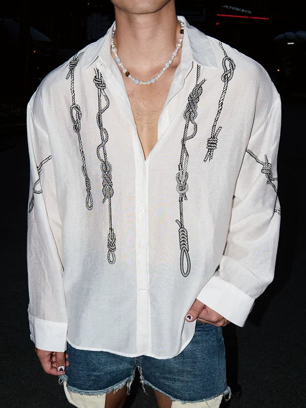 Rope Print Linen Blend Long Sleeve Shirt 3