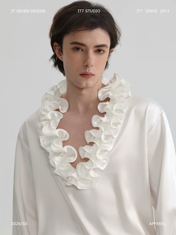 Ruffle V-Neck Satin Long-Sleeve Shirt 1