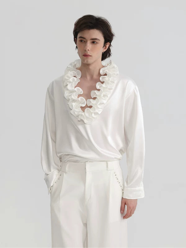 Ruffle V-Neck Satin Long-Sleeve Shirt 2