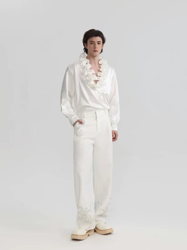 Ruffle V-Neck Satin Long-Sleeve Shirt 4