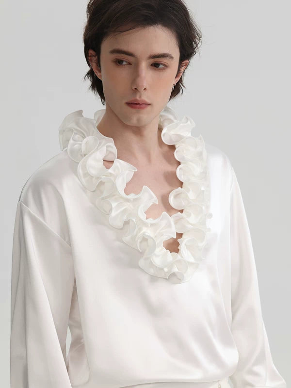 Ruffle V-Neck Satin Long-Sleeve Shirt 5