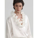 6036721053856,6036721053857,6036721053858, Ruffle V-Neck Satin Long-Sleeve Shirt