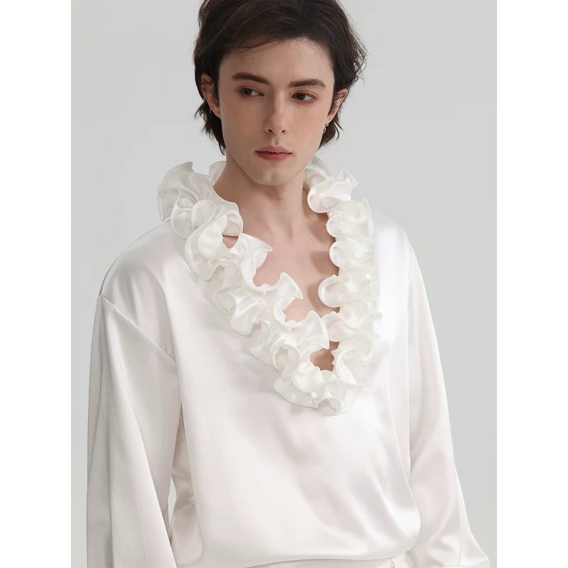 6036721053856,6036721053857,6036721053858, Ruffle V-Neck Satin Long-Sleeve Shirt