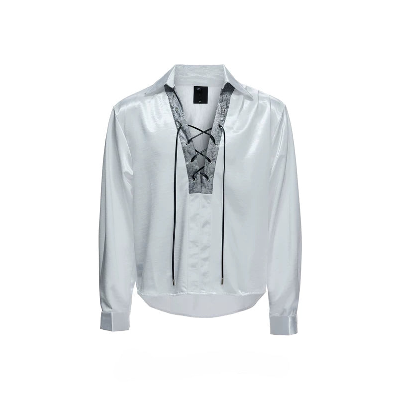 6118578508631,6117437581335,6117437581336,6117437581337, Satin Cross-Strap V-Neck Shirt