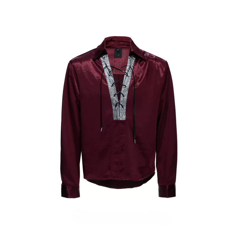 6118578508632,6117437581338,6117437581339,6117437581340, Satin Cross-Strap V-Neck Shirt
