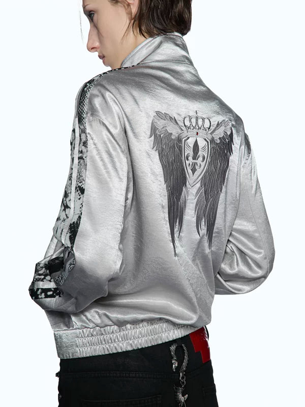 Satin Embroidered Wing Patchwork Bomber Jacket 1