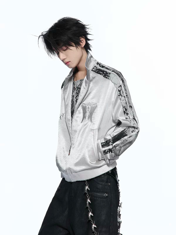 Satin Embroidered Wing Patchwork Bomber Jacket 2