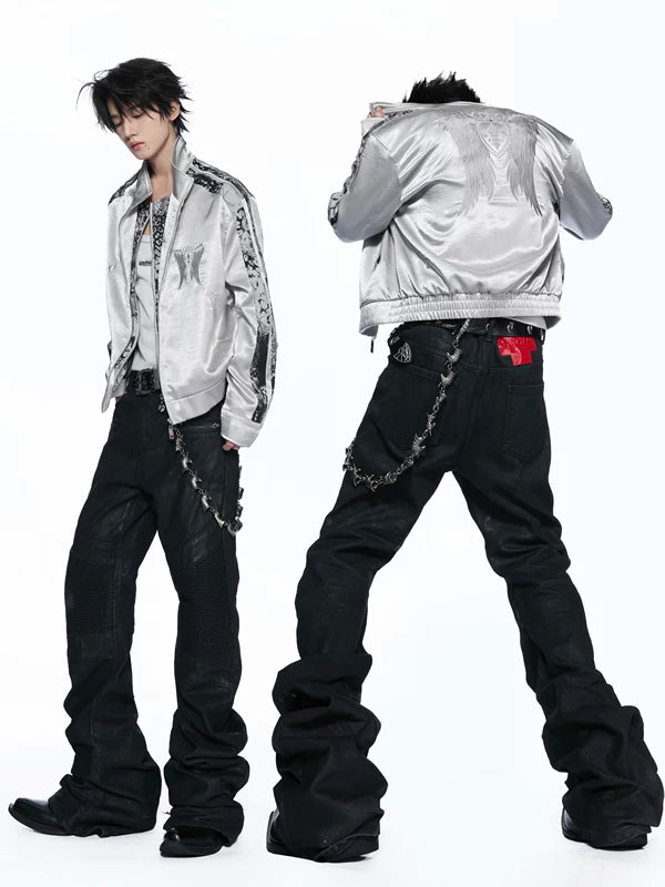 Satin Embroidered Wing Patchwork Bomber Jacket 4