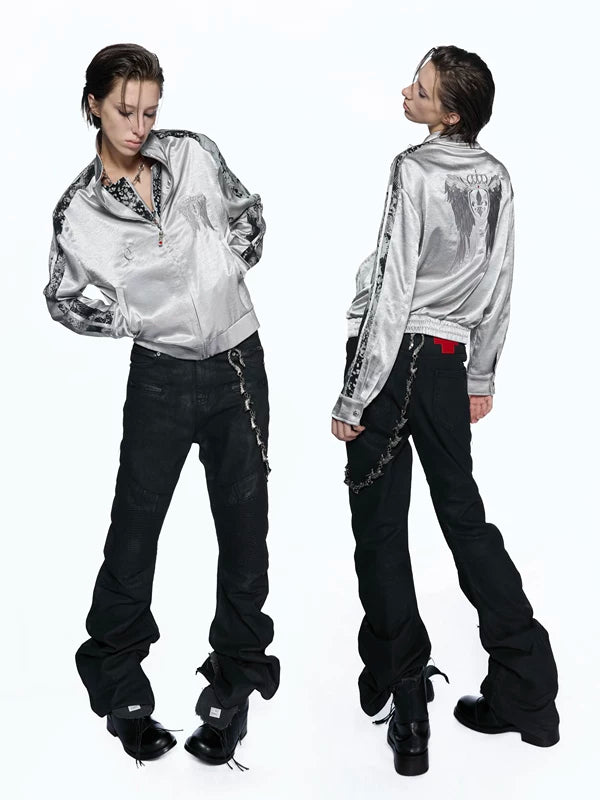 Satin Embroidered Wing Patchwork Bomber Jacket 5