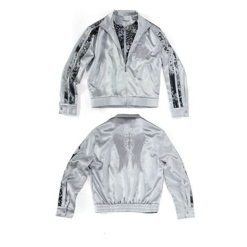6131523444963,6131523444964,6131523444965,6131523444966, Satin Embroidered Wing Patchwork Bomber Jacket