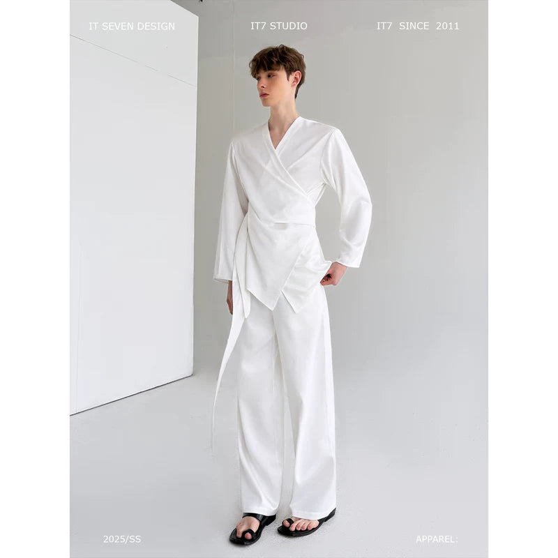 Satin Wrap Shirt and Pants Set 1