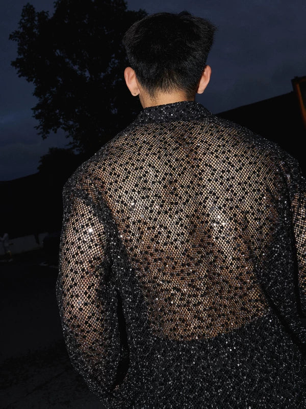 Sequined Hollowed-Out Long-Sleeve Shirt 4