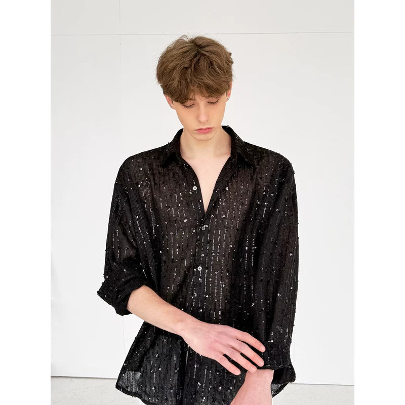 Sequined Sheer Shirt and Vest Set 2