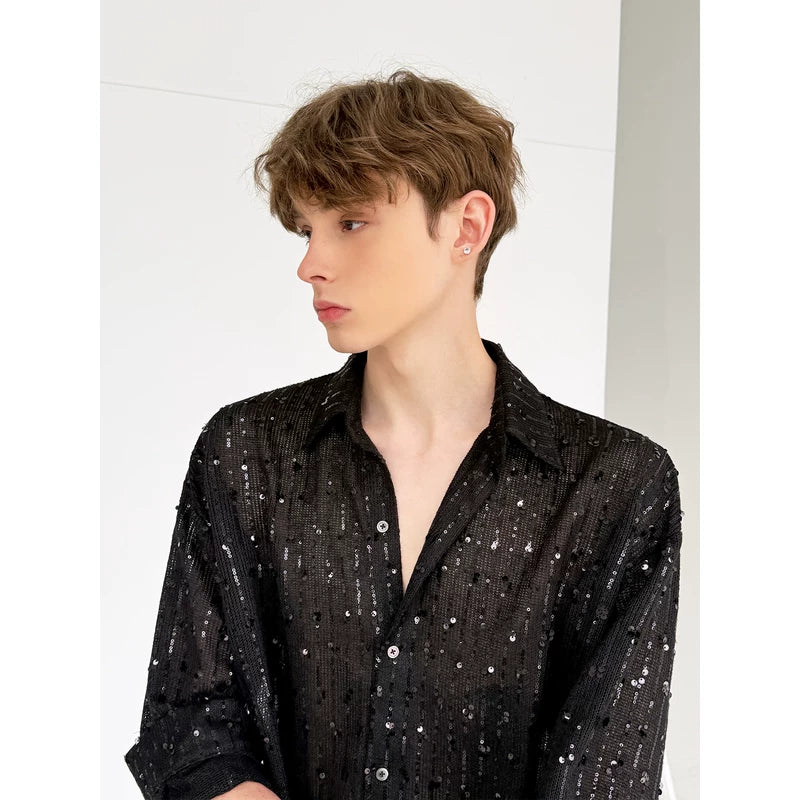 Sequined Sheer Shirt and Vest Set 3