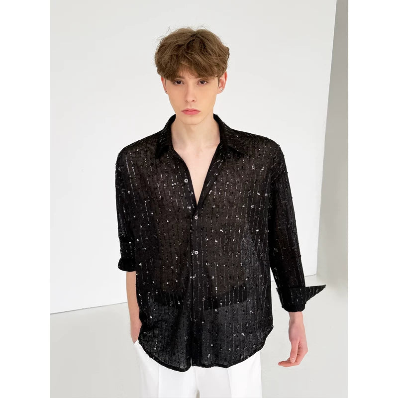 Sequined Sheer Shirt and Vest Set 4