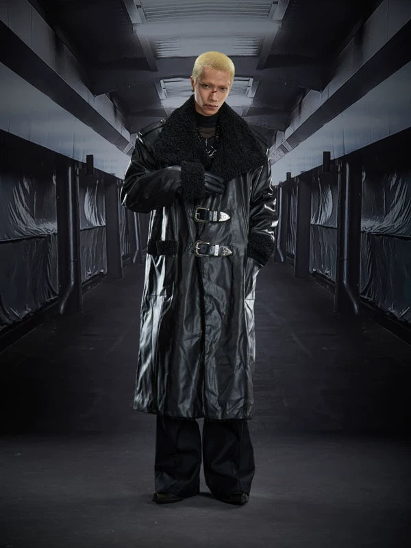 Shearling Lined Leather Trench Coat with Buckles 4