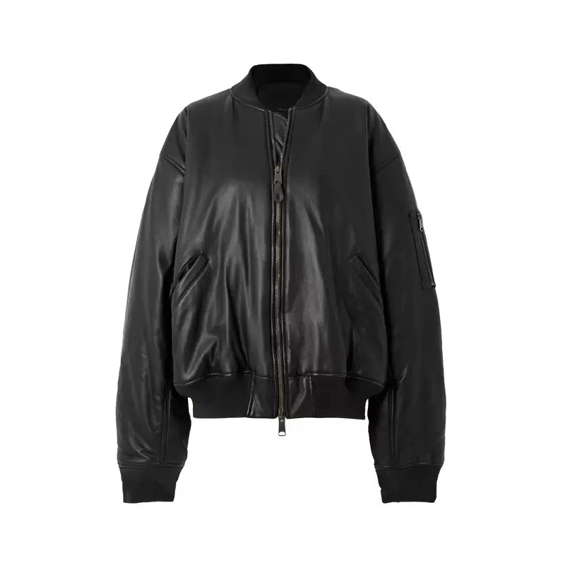 Sheepskin Leather Bomber Baseball Jacket 1