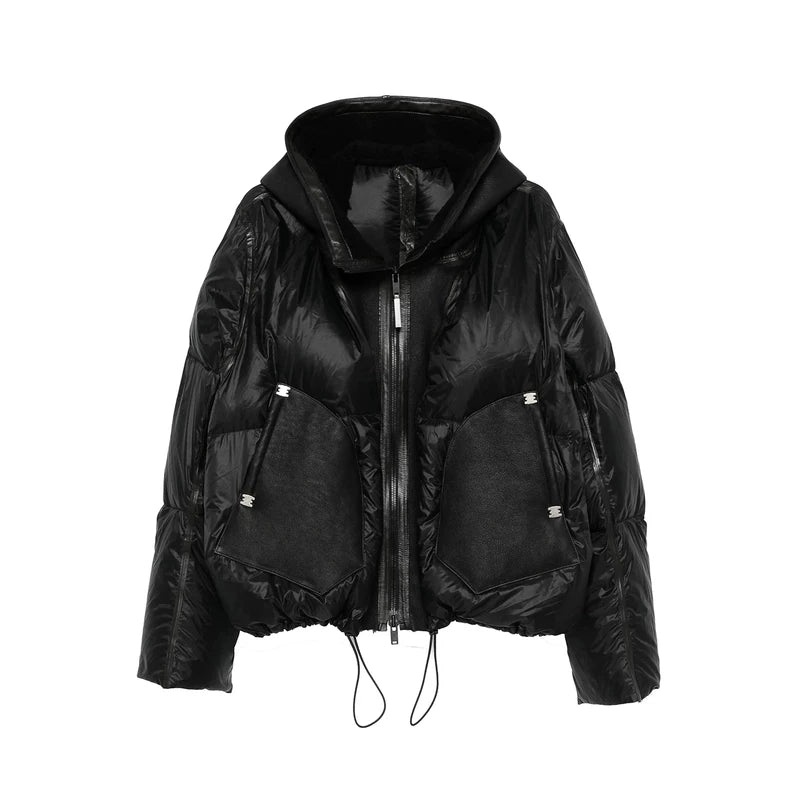 Sheepskin Nylon Patchwork Hooded Down Jacket 1